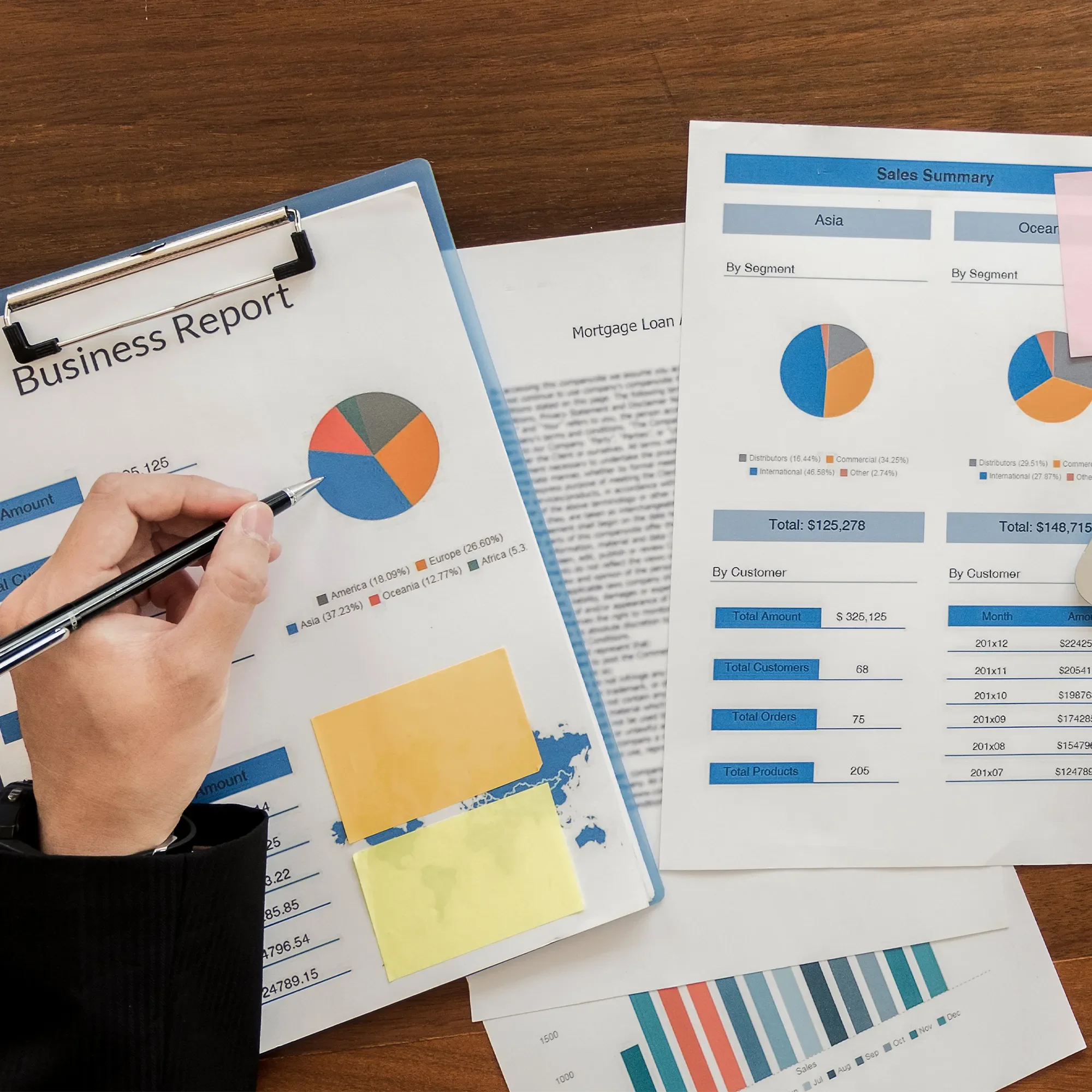 Financial reports and charts desk