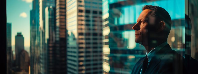 A confident businessman gazes intently through the window. The background consists of a blurred cityscape with multiple skyscrapers.Copy space